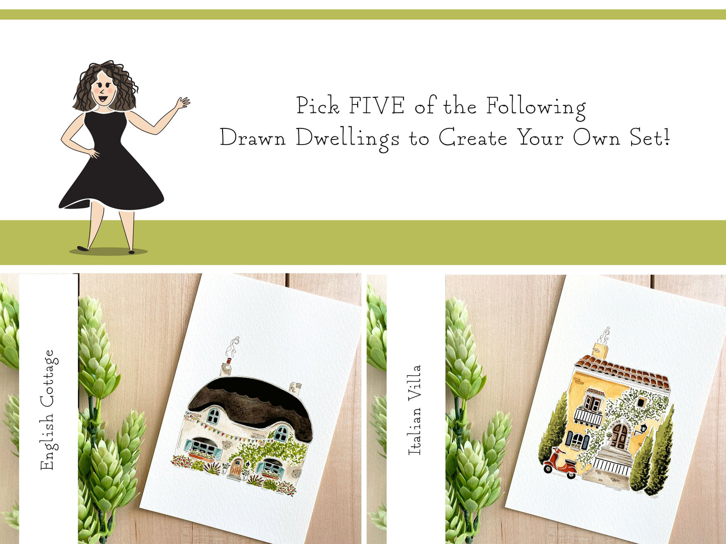 Set of 5 | 4x6 Drawn Dwellings Watercolor Prints - Lilyvine Design
