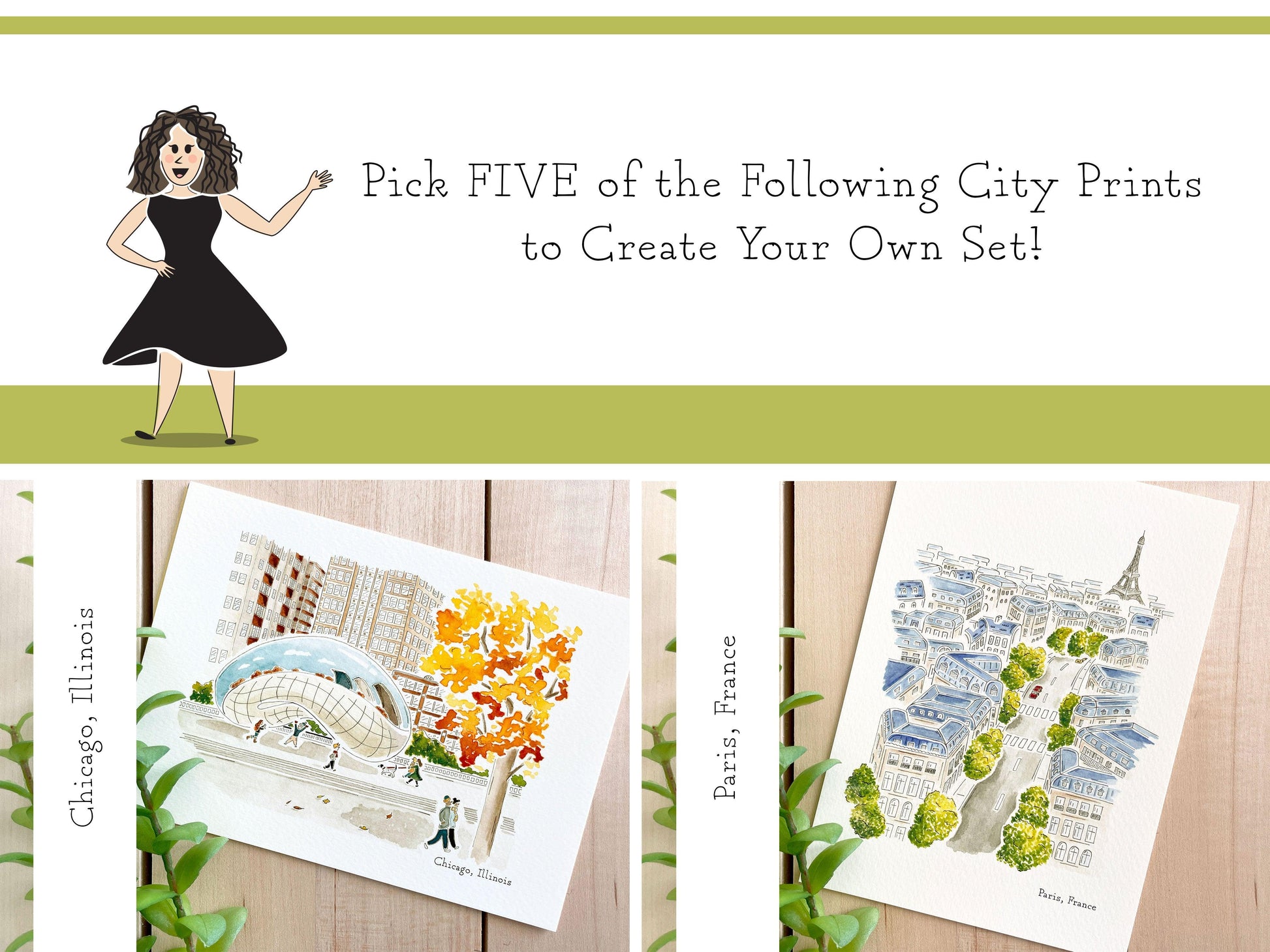 Set of 5 | 5x7 City Watercolor Prints - Lilyvine Design