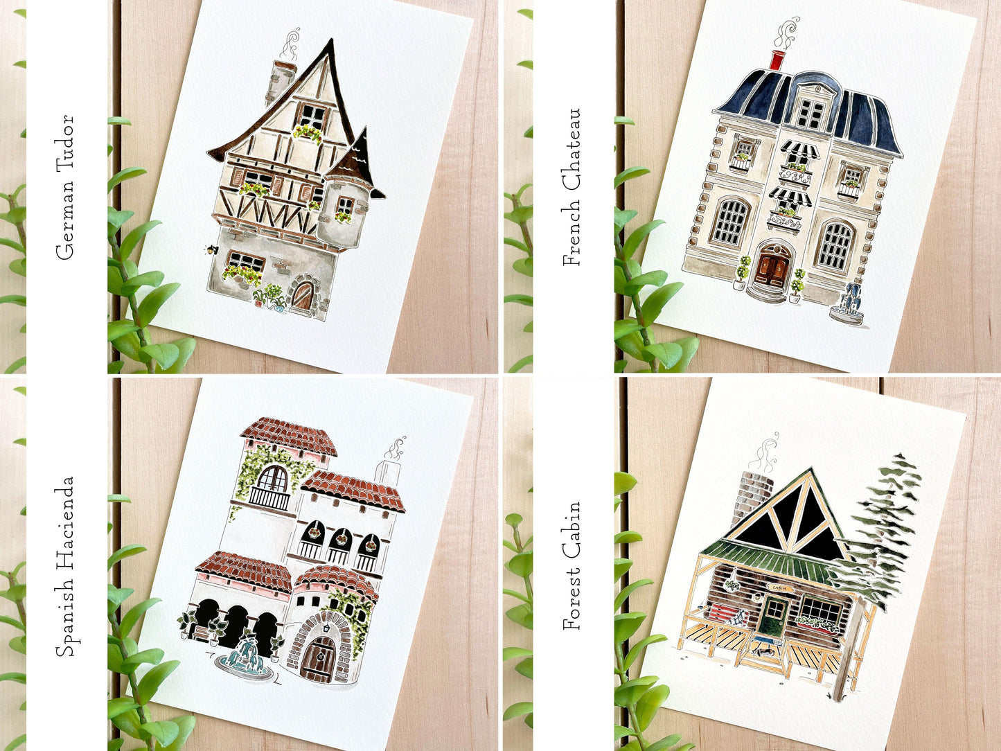 Set of 5 | 5x7 Drawn Dwellings Watercolor Prints - Lilyvine Design