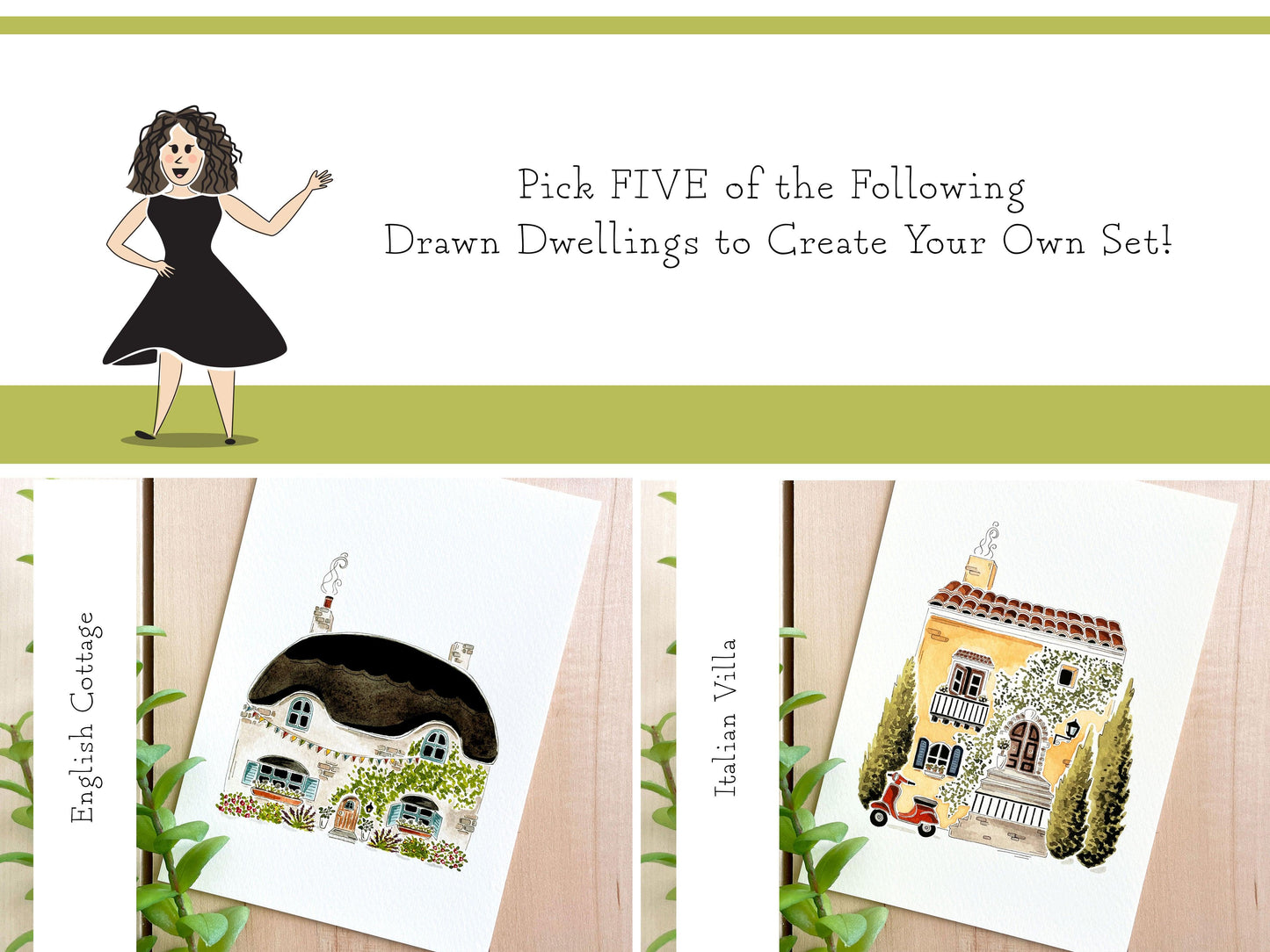 Set of 5 | 5x7 Drawn Dwellings Watercolor Prints - Lilyvine Design