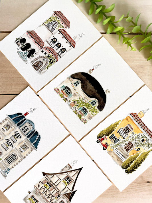 Set of 5 | 5x7 Drawn Dwellings Watercolor Prints - Lilyvine Design