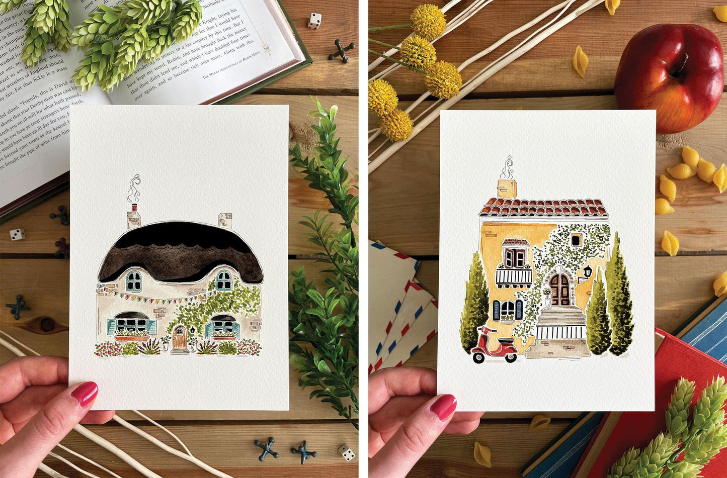 Set of 5 | 5x7 Drawn Dwellings Watercolor Prints - Lilyvine Design