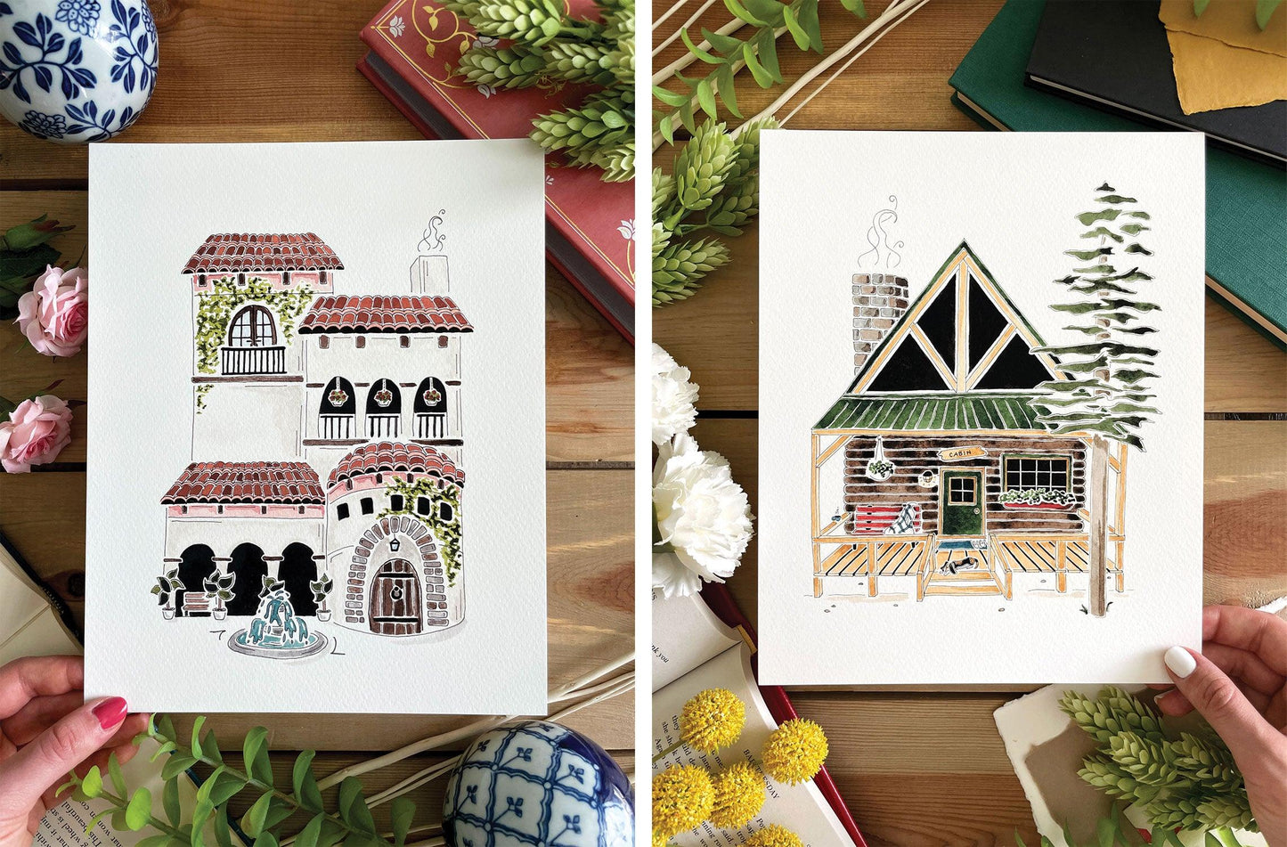 Set of 3 | 8x10 Drawn Dwellings Watercolor Prints - Lilyvine Design