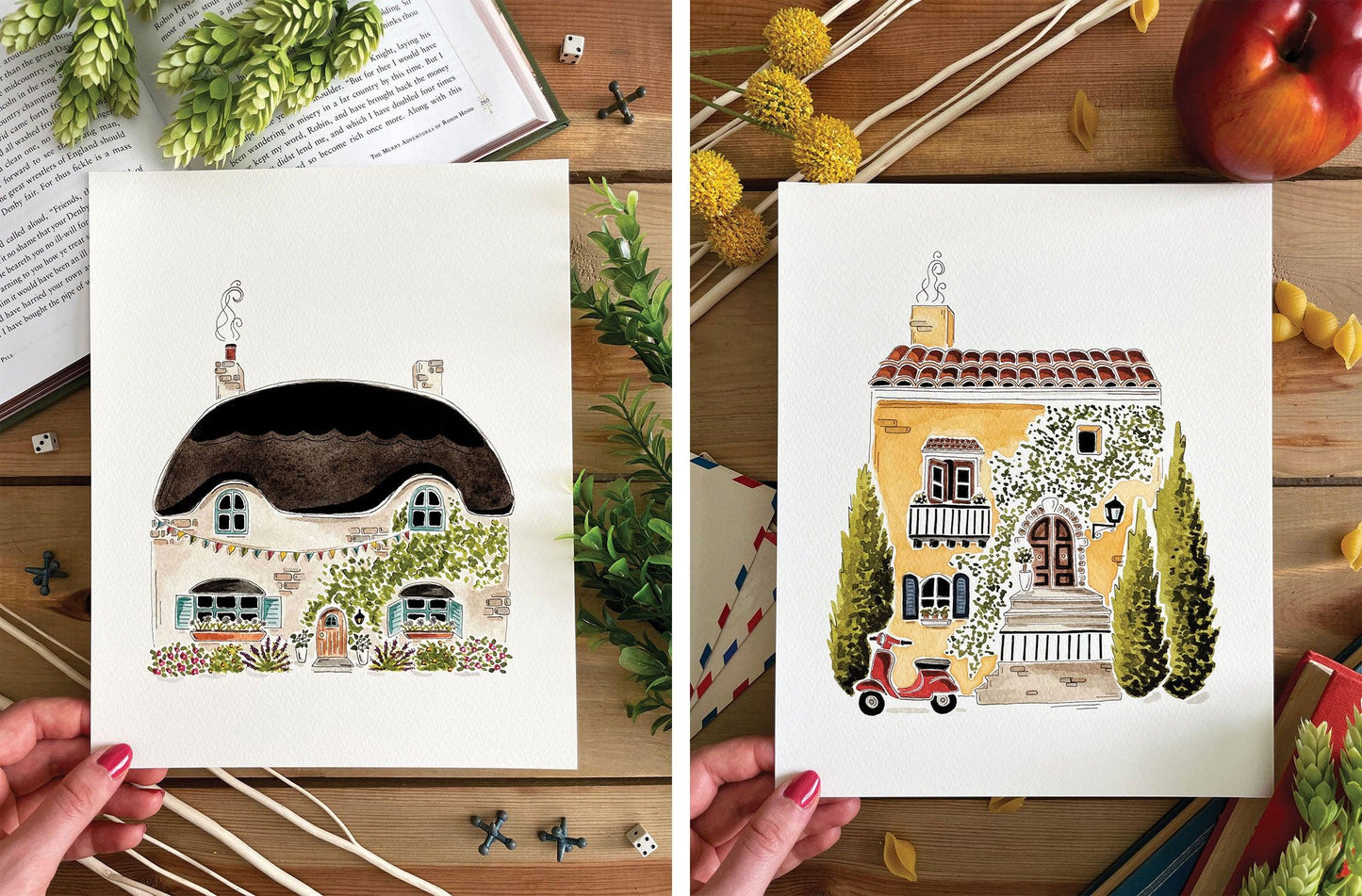 Set of 3 | 8x10 Drawn Dwellings Watercolor Prints - Lilyvine Design