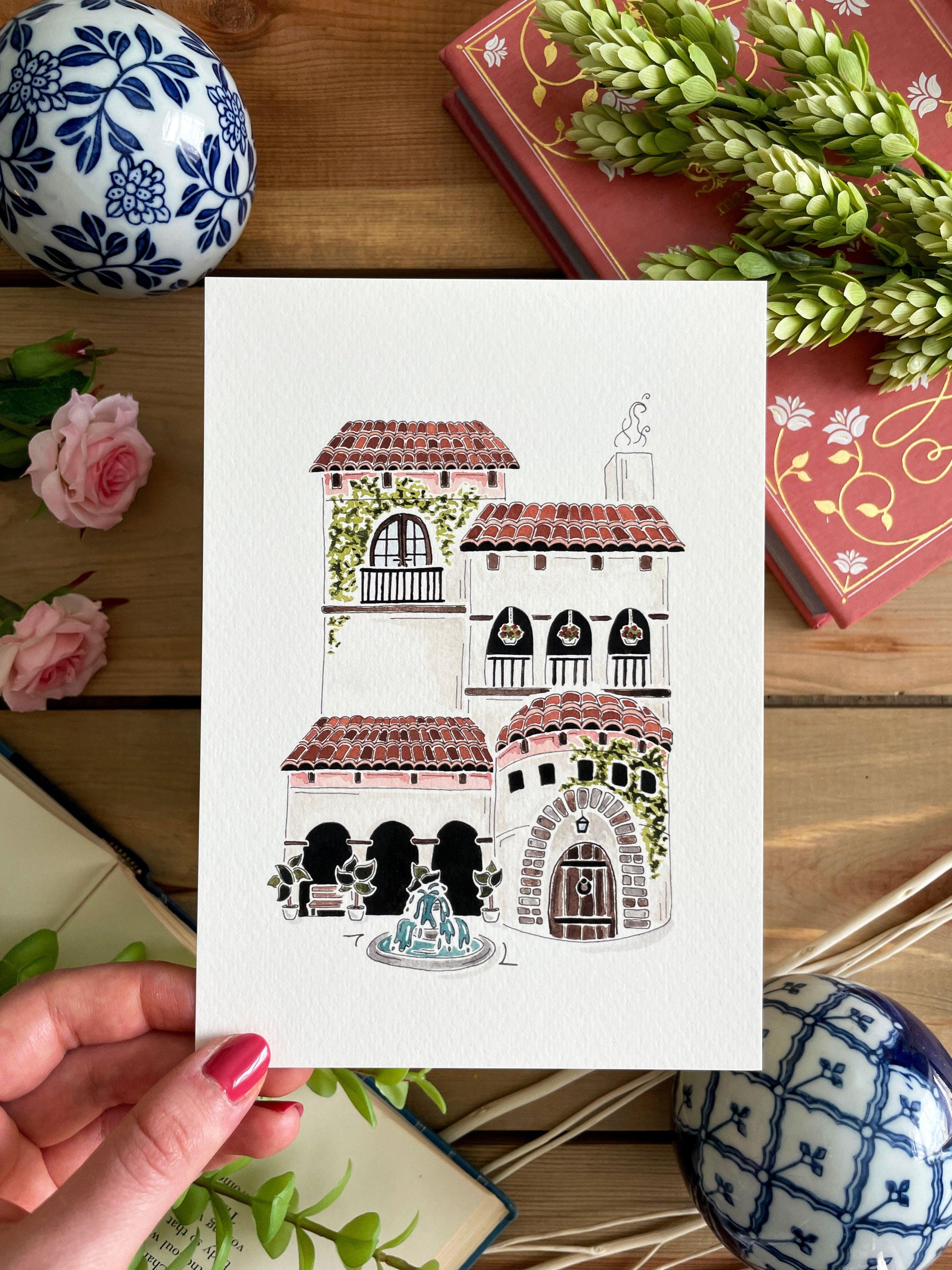 Spanish Hacienda 5x7 Watercolor Print - Lilyvine Design