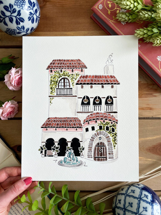 Spanish Hacienda 8x10 Watercolor Print - Lilyvine Design