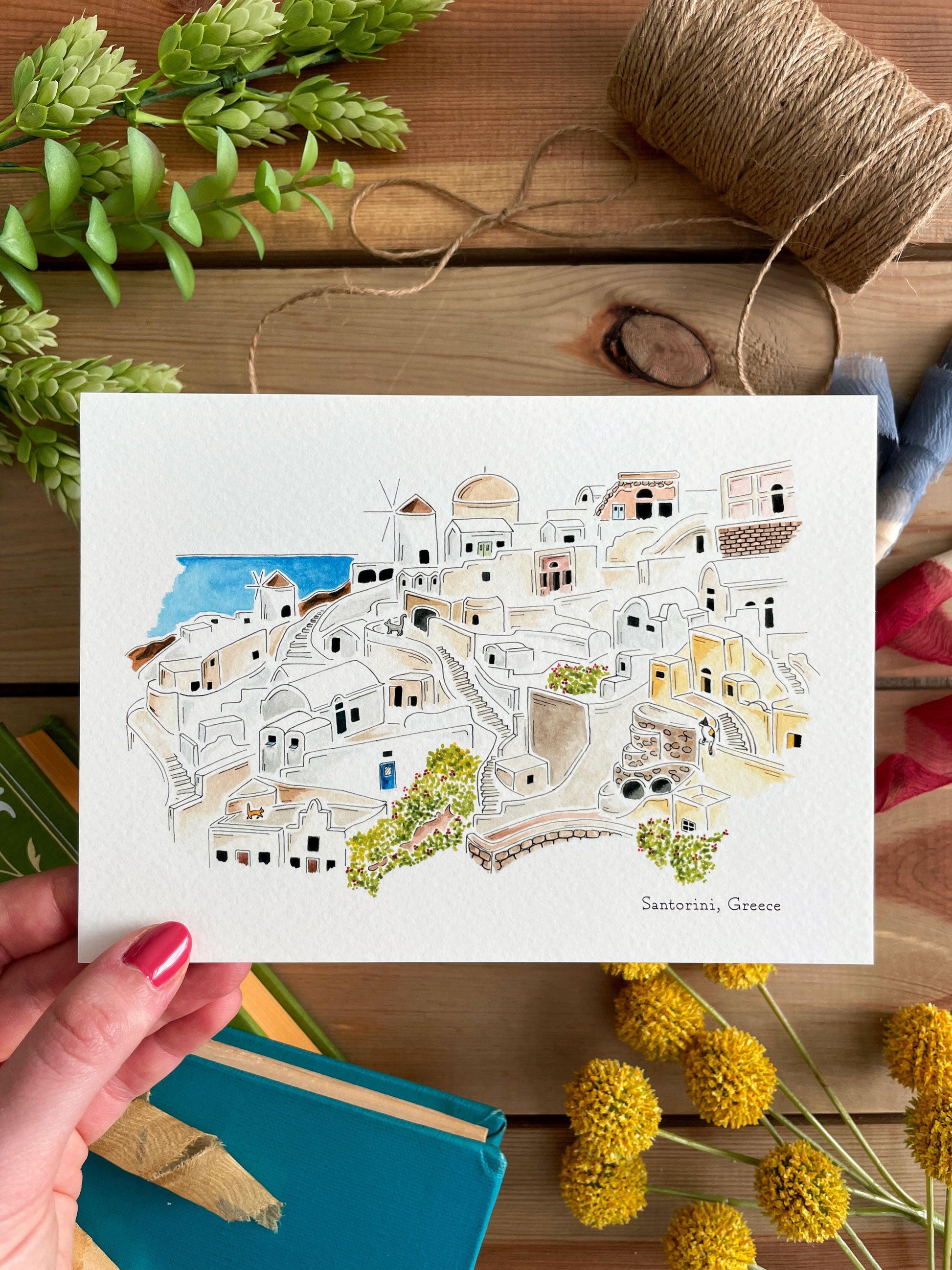 Santorini (Greece) 5x7 Watercolor Print - Lilyvine Design