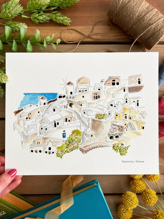 Santorini (Greece) 8x10 Watercolor Print - Lilyvine Design