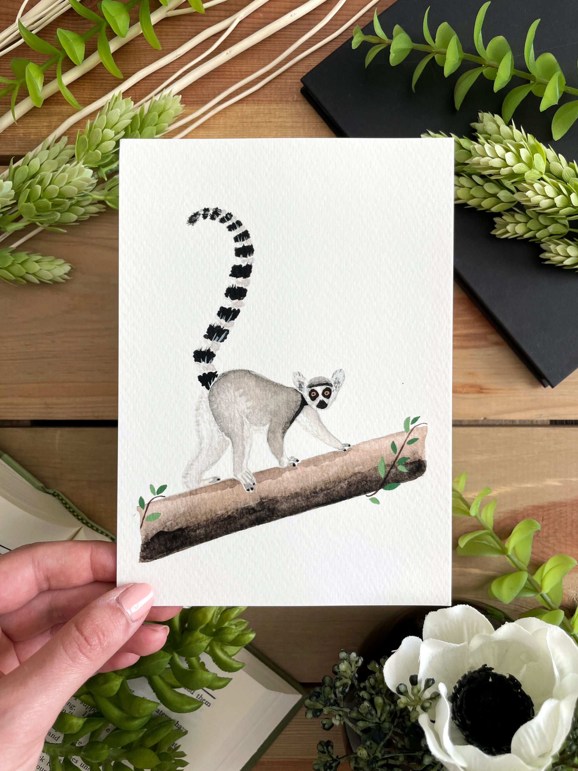 Ring-Tailed Lemur 5x7 Watercolor Print - Lilyvine Design