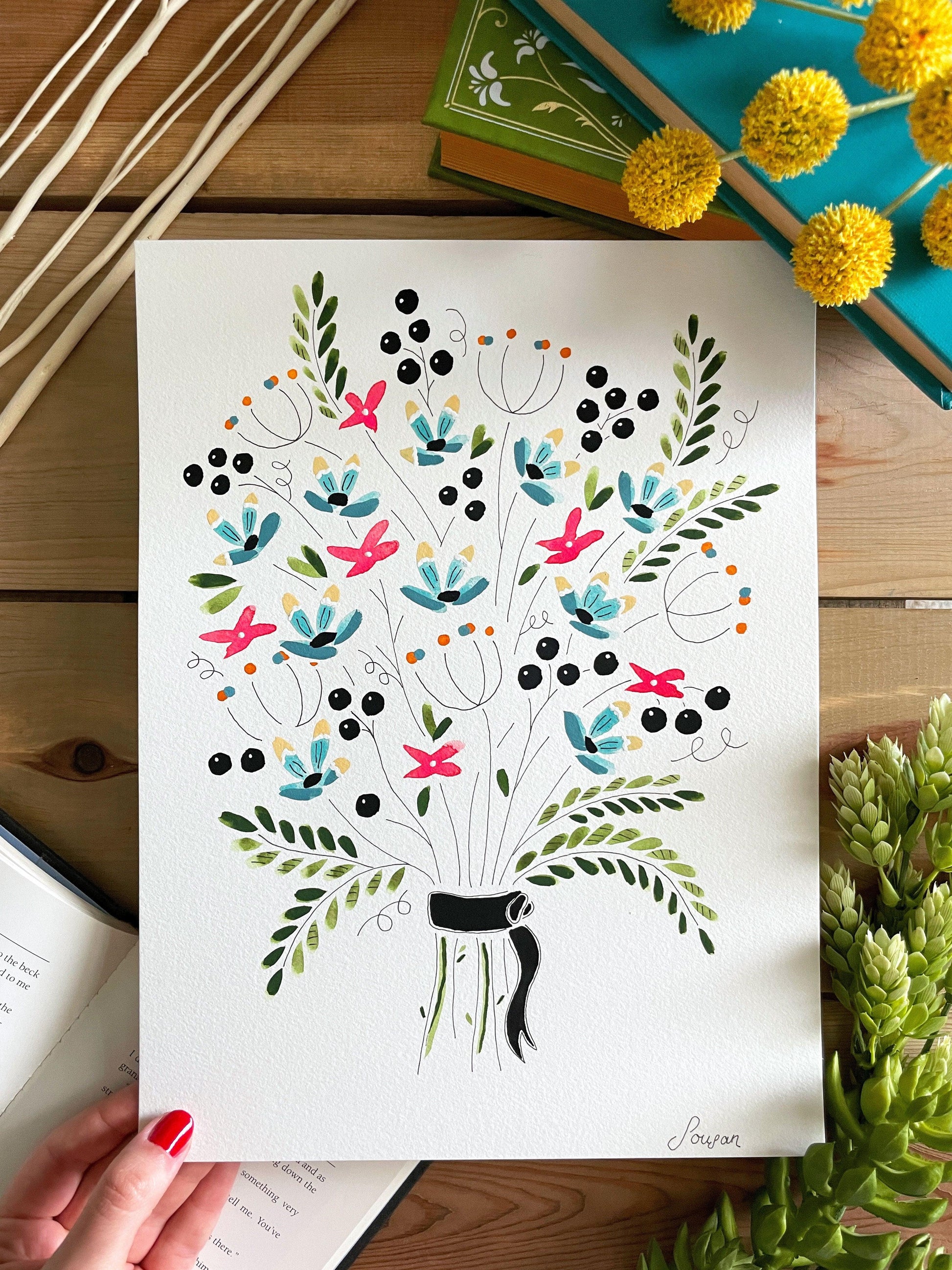 Floral Watercolor and Gouache Original 9x12 Painting - Lilyvine Design