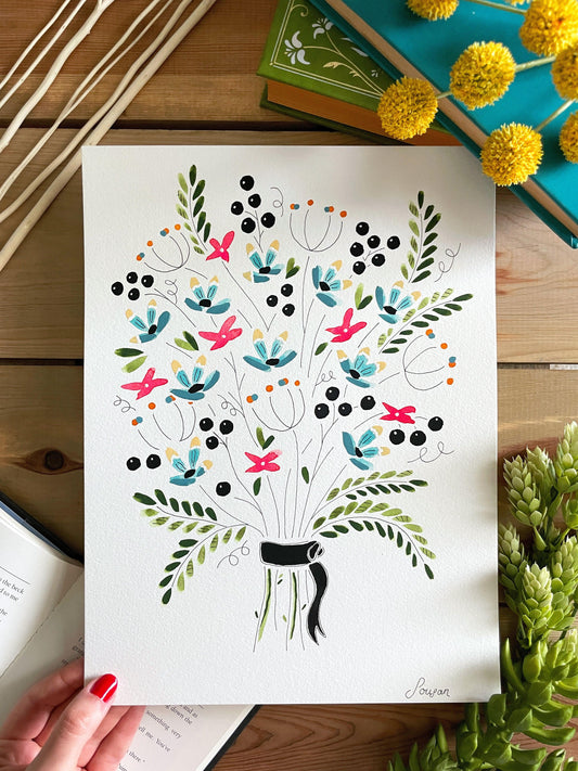 Floral Watercolor and Gouache Original 9x12 Painting - Lilyvine Design