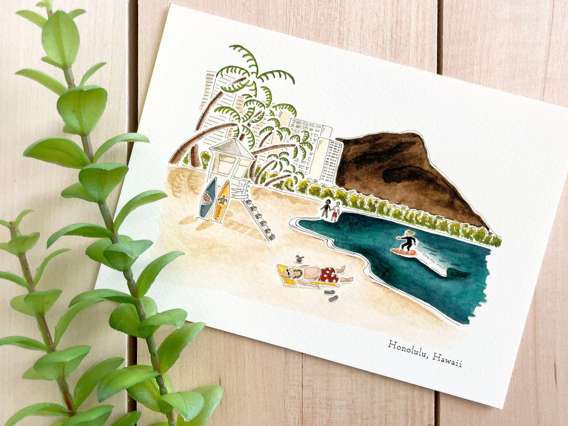 Honolulu (Hawaii) 5x7 Watercolor Print - Lilyvine Design