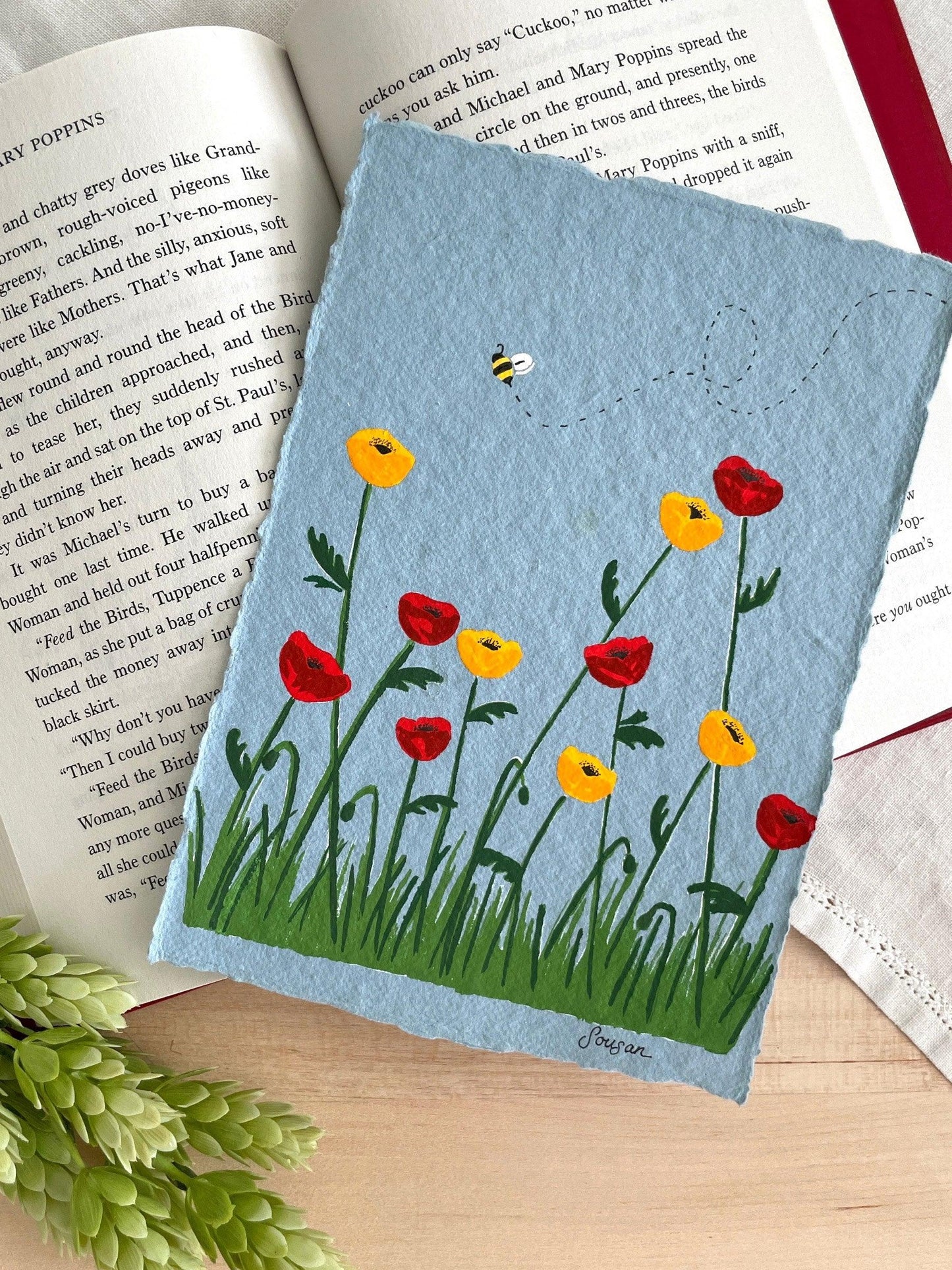 Poppy Field Gouache Original 5x7 Painting on Cotton Rag Paper - Lilyvine Design