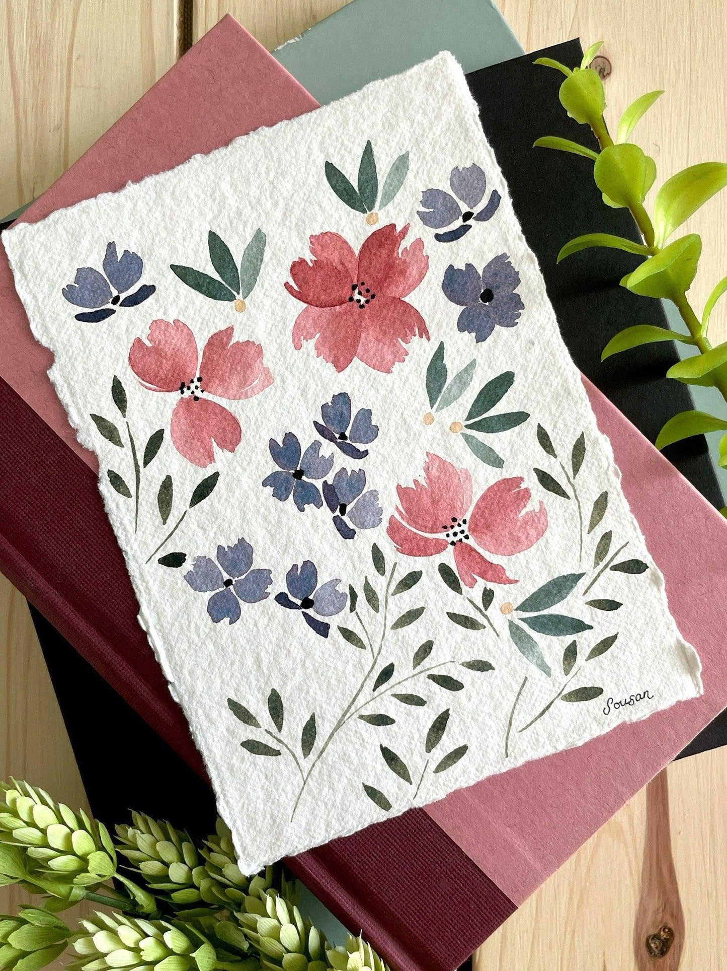 Floral Watercolor Original 5x7 Painting on Cotton Rag Paper - Lilyvine Design