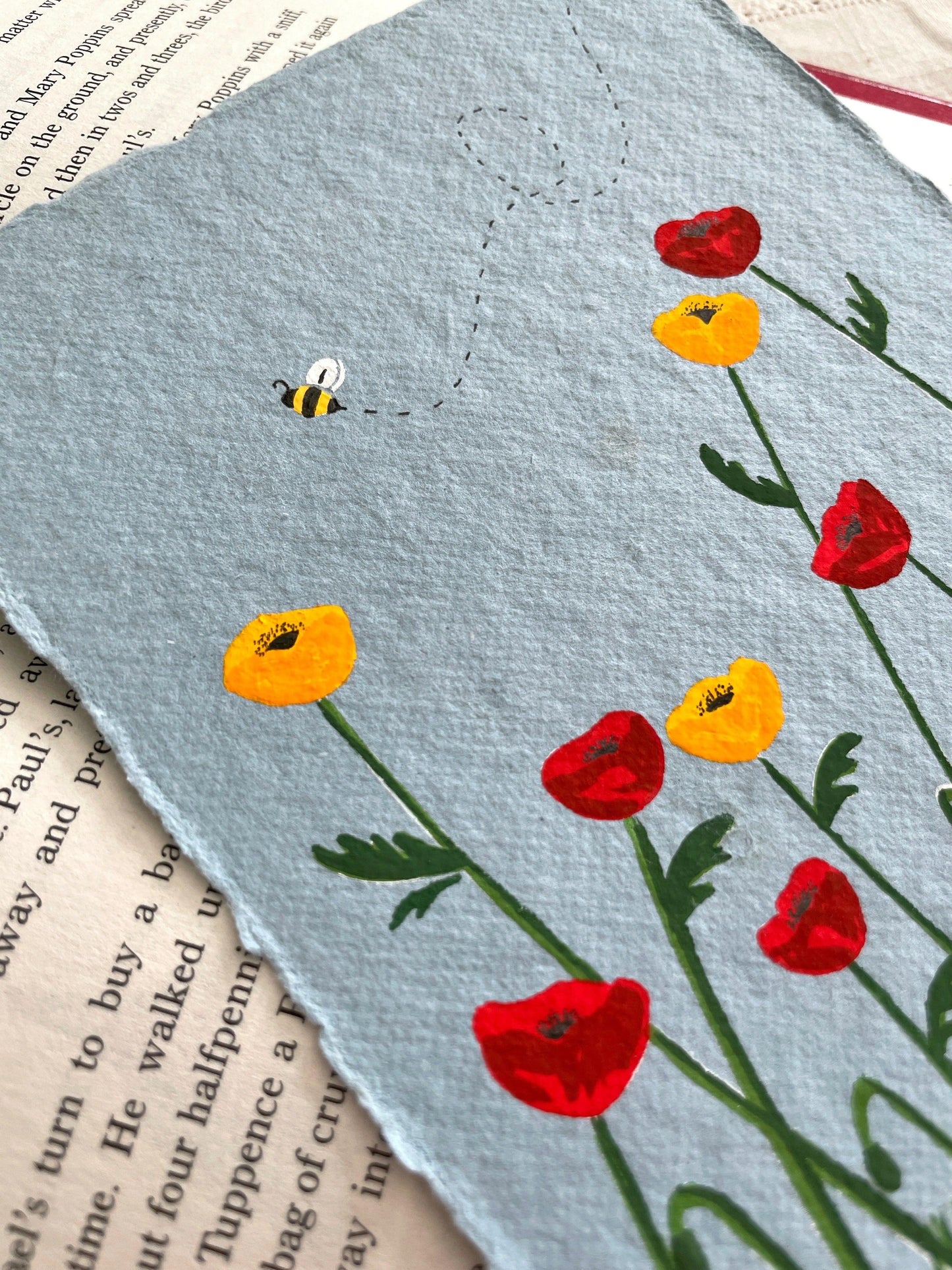 Poppy Field Gouache Original 5x7 Painting on Cotton Rag Paper - Lilyvine Design