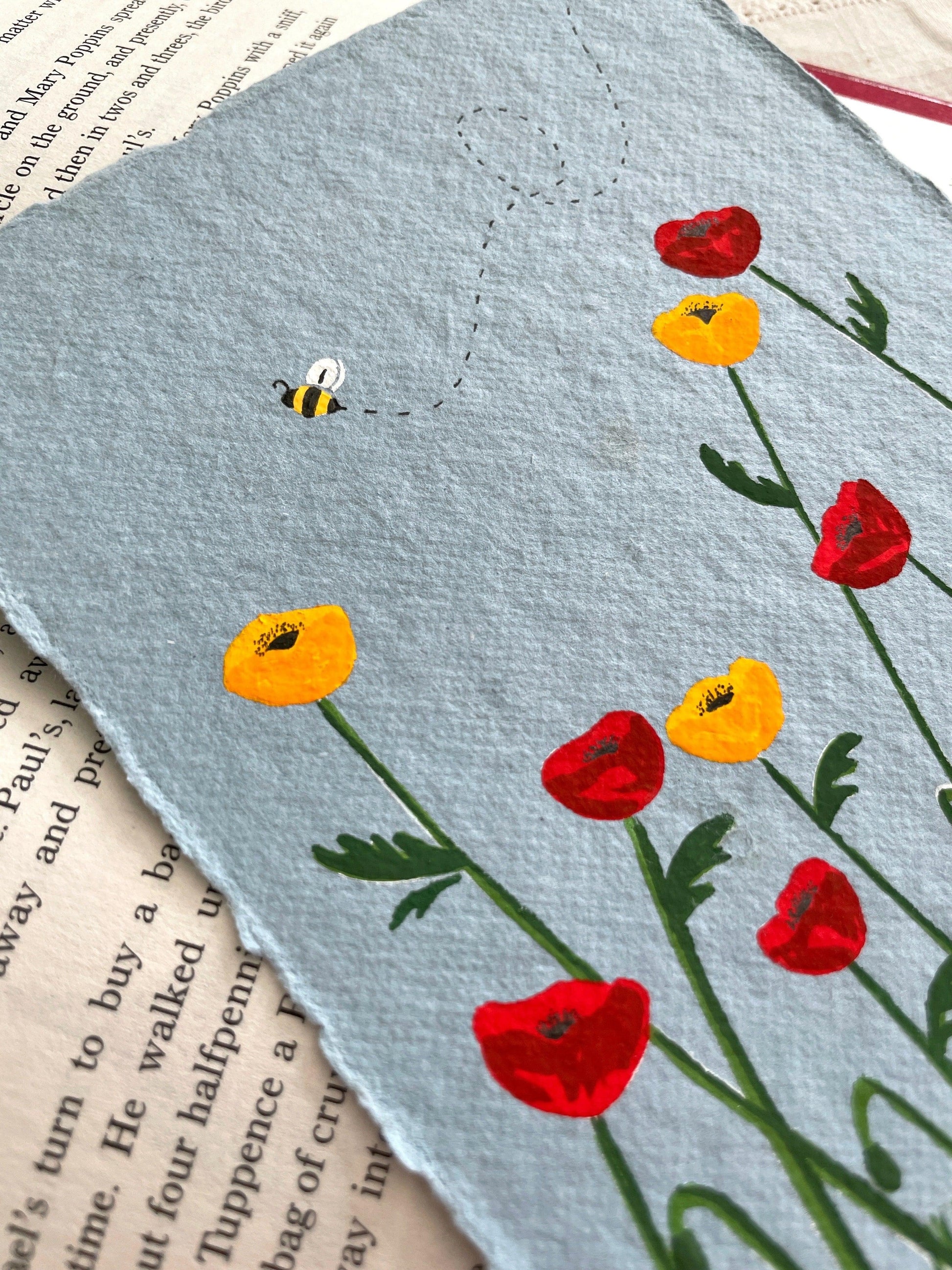 Poppy Field Gouache Original 5x7 Painting on Cotton Rag Paper - Lilyvine Design