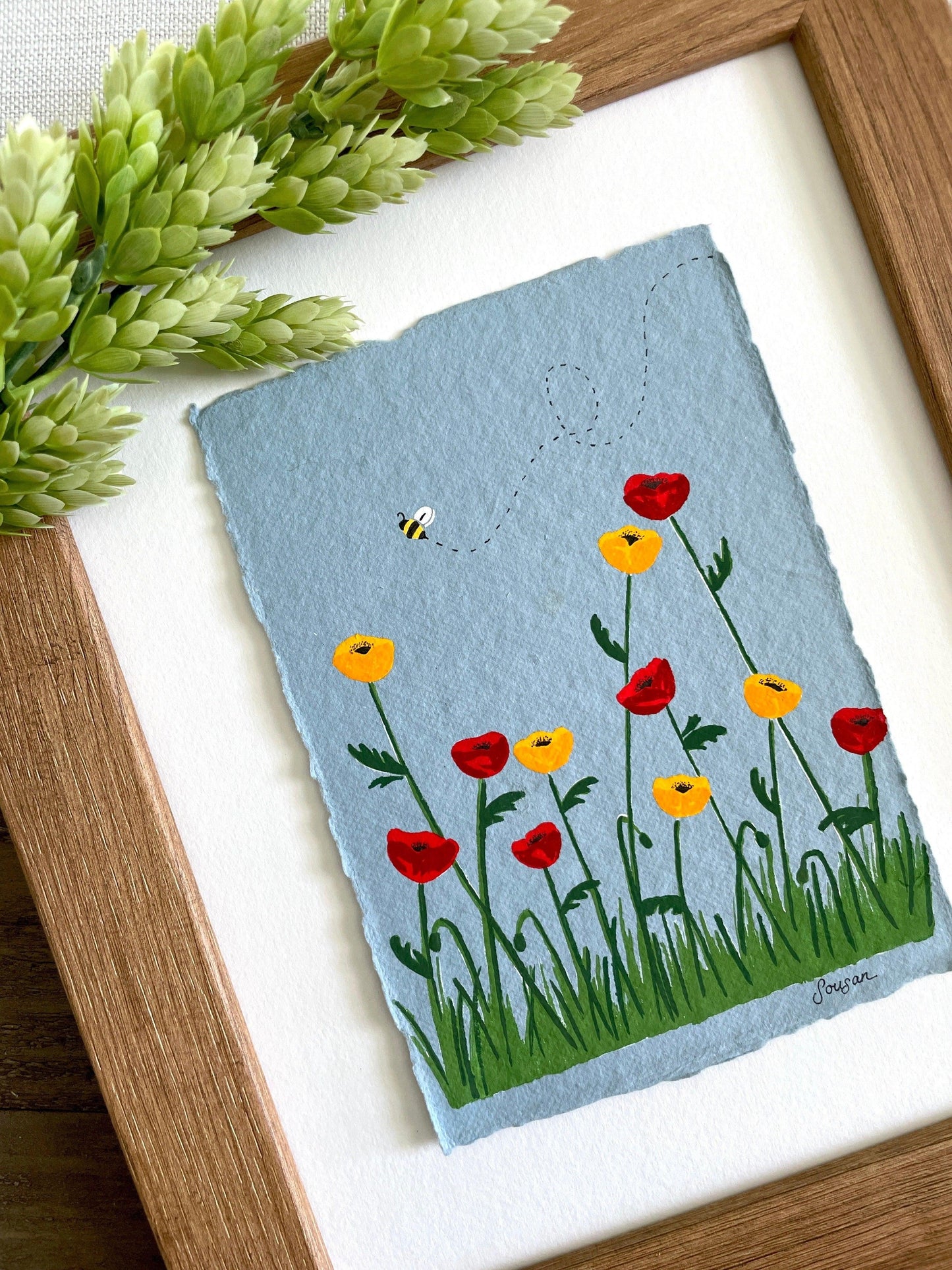 Poppy Field Gouache Original 5x7 Painting on Cotton Rag Paper - Lilyvine Design