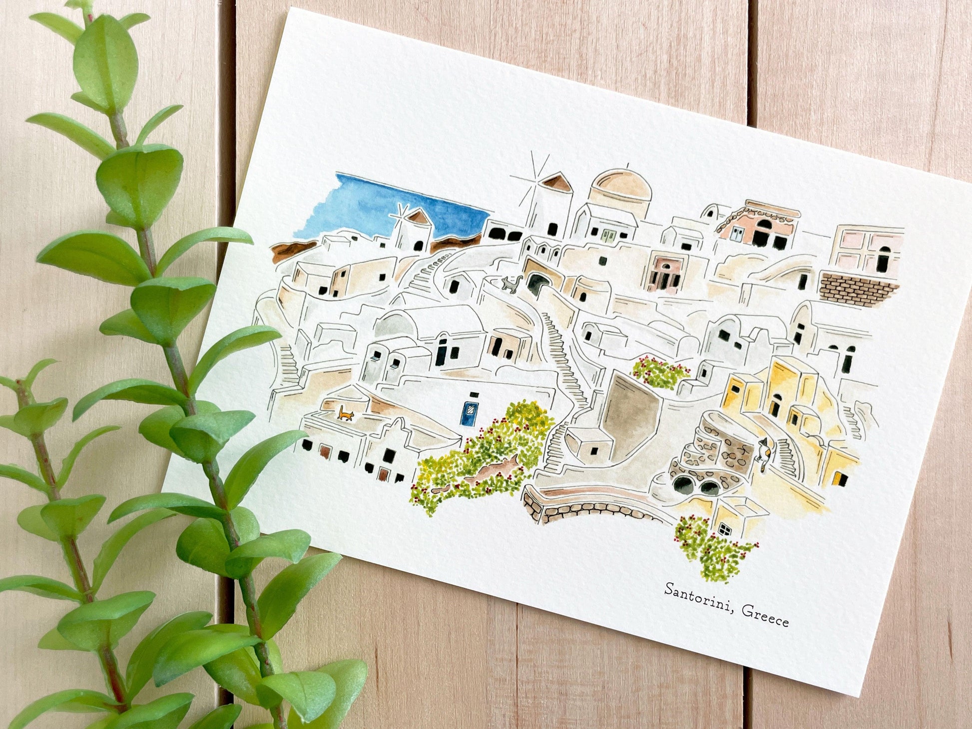 Santorini (Greece) 5x7 Watercolor Print - Lilyvine Design