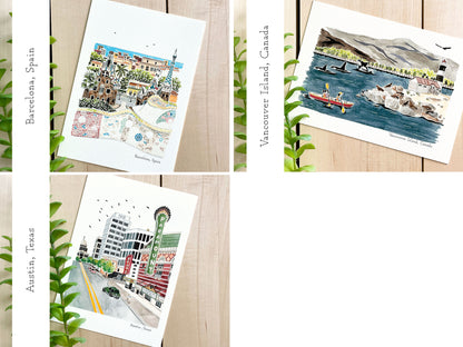 Set of 5 | 5x7 City Watercolor Prints