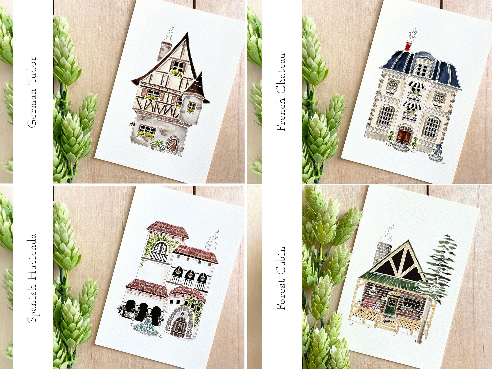 Set of 5 | 4x6 Drawn Dwellings Watercolor Prints - Lilyvine Design