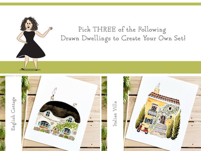 Set of 3 | 8x10 Drawn Dwellings Watercolor Prints - Lilyvine Design