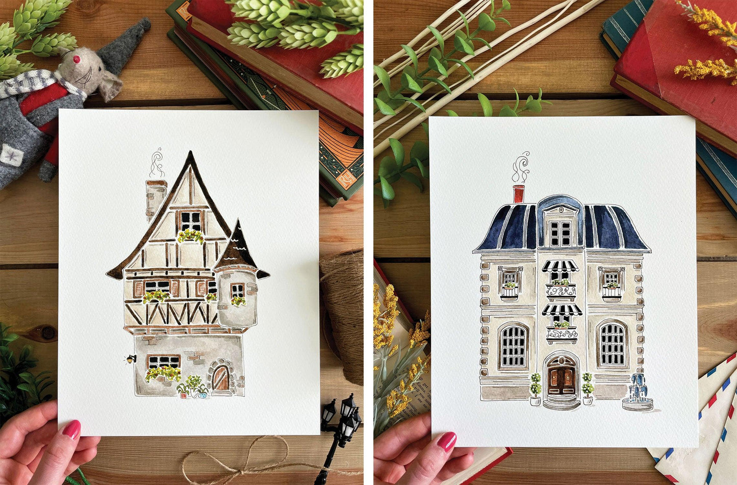 Set of 3 | 8x10 Drawn Dwellings Watercolor Prints - Lilyvine Design