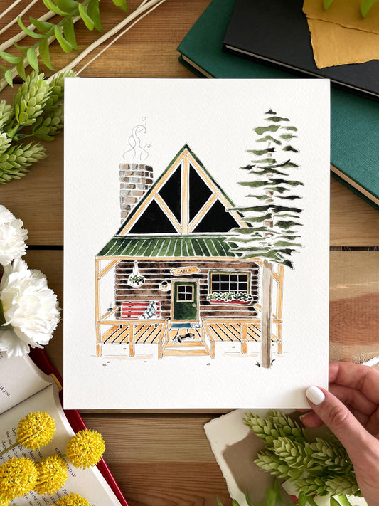 Forest Cabin 8x10 Watercolor Print - Lilyvine Design