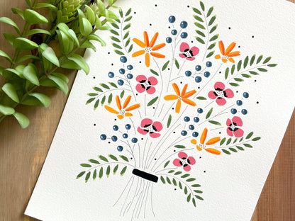 Floral Gouache Original 9x12 Painting - Lilyvine Design