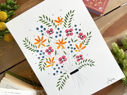 Floral Gouache Original 9x12 Painting - Lilyvine Design