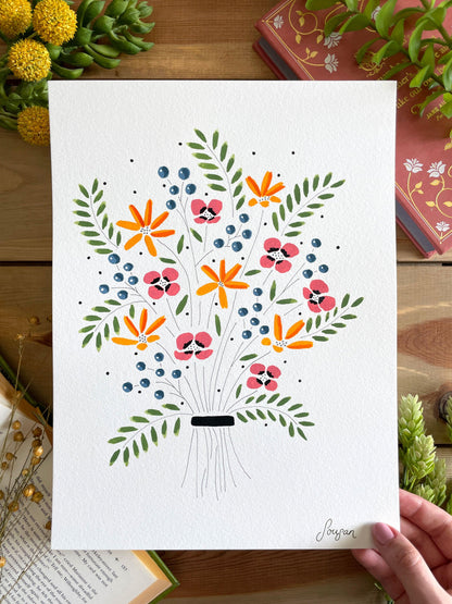 Floral Gouache Original 9x12 Painting - Lilyvine Design