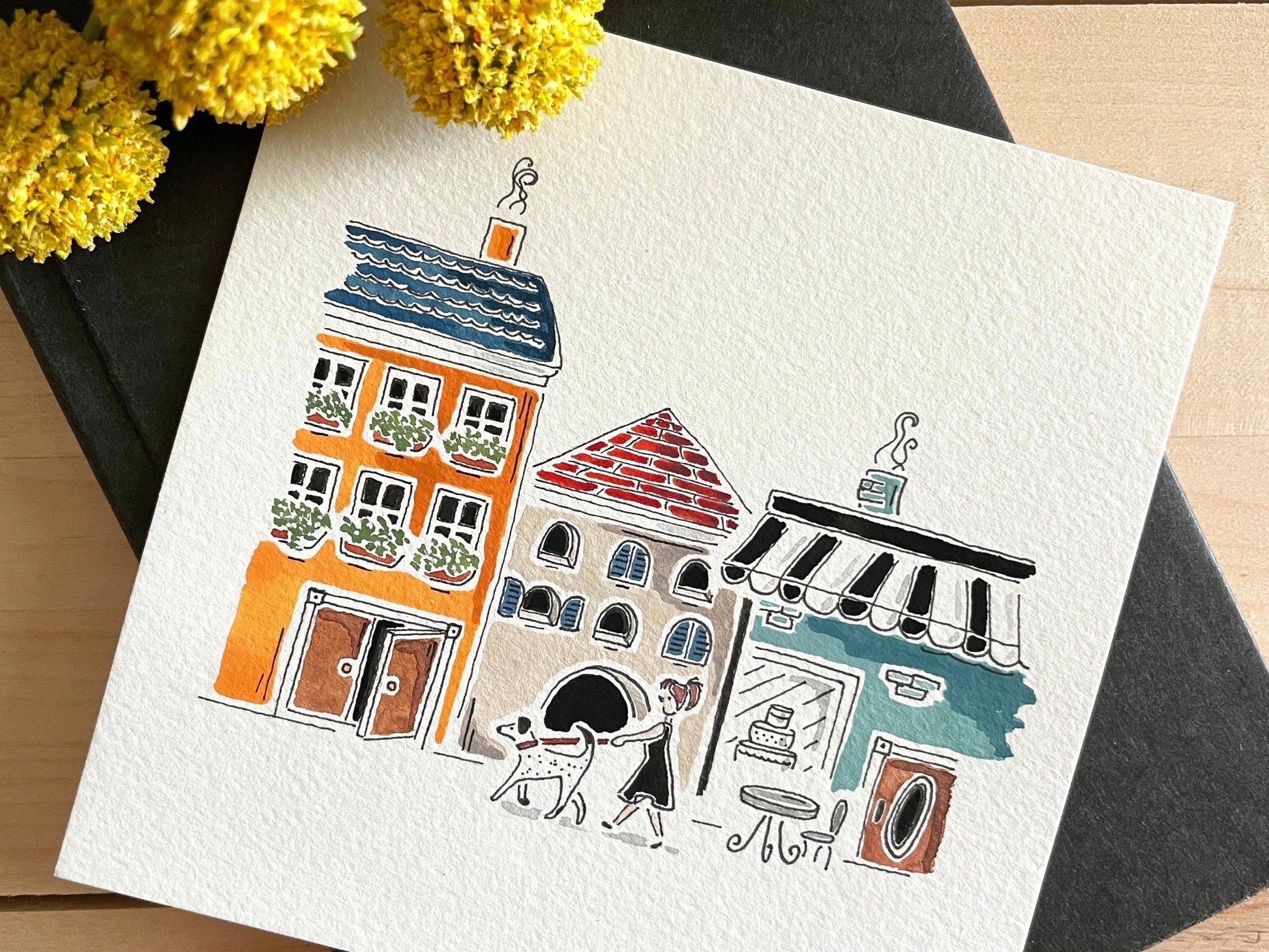Tiny Town Gouache Original 5x5 Painting - Lilyvine Design