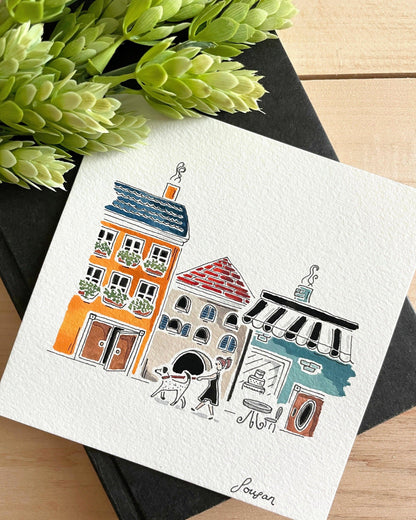 Tiny Town Gouache Original 5x5 Painting - Lilyvine Design