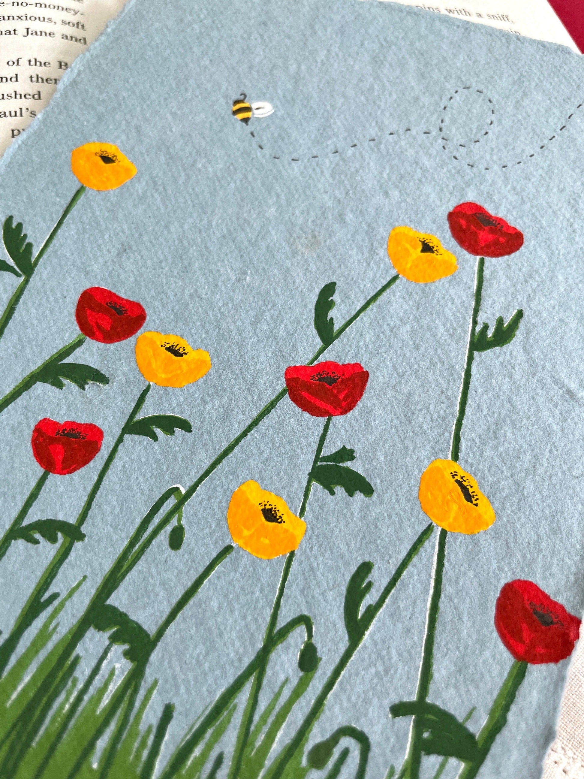 Poppy Field Gouache Original 5x7 Painting on Cotton Rag Paper - Lilyvine Design