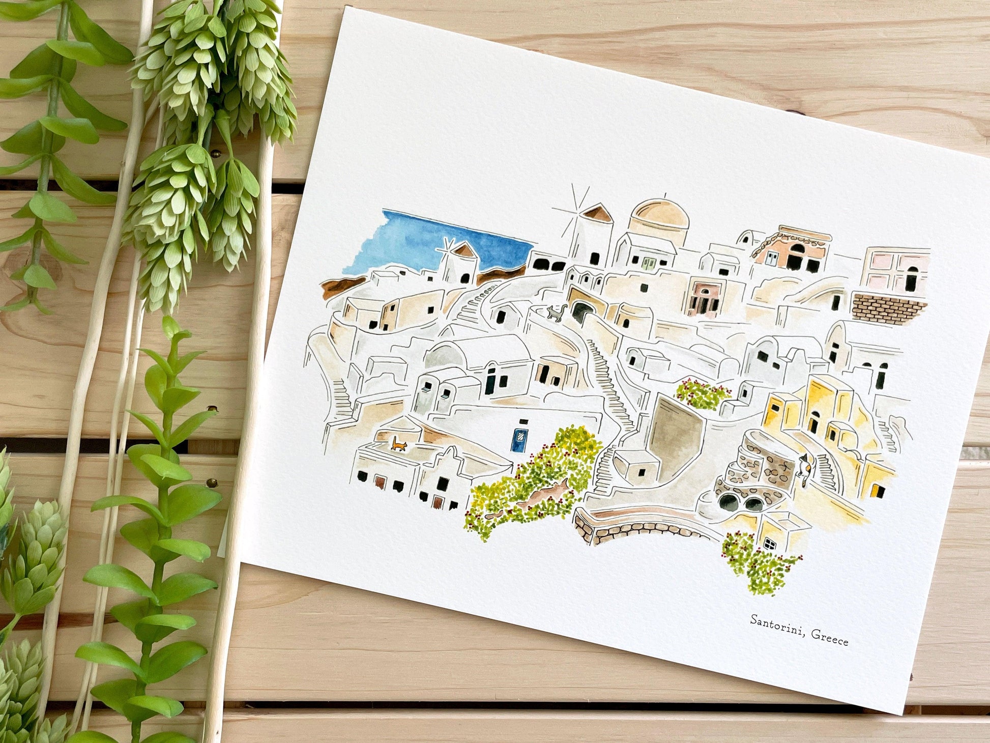 Santorini (Greece) 8x10 Watercolor Print - Lilyvine Design
