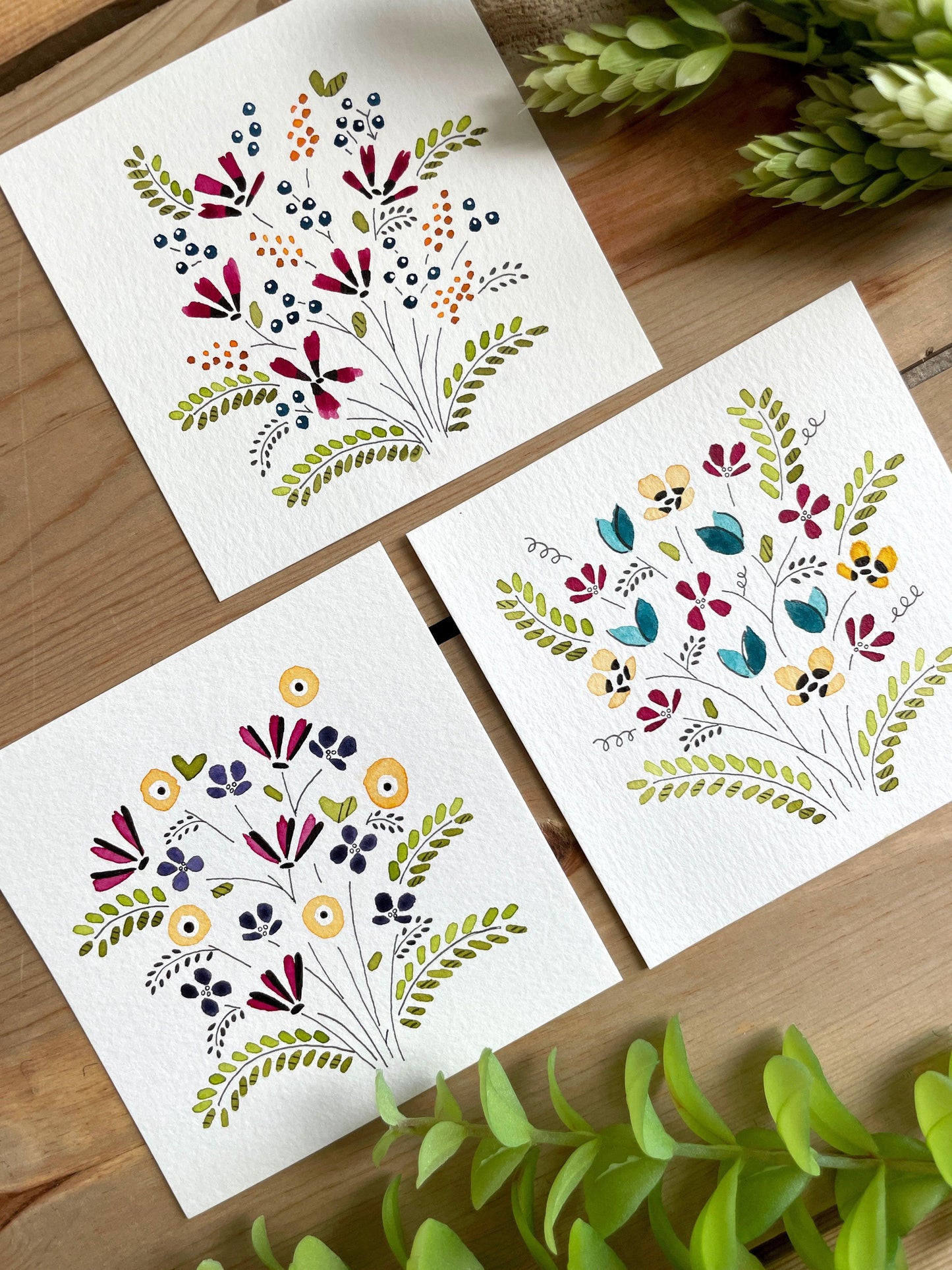 Set of 3 | Floral Watercolor Original 4x4 Paintings - Lilyvine Design