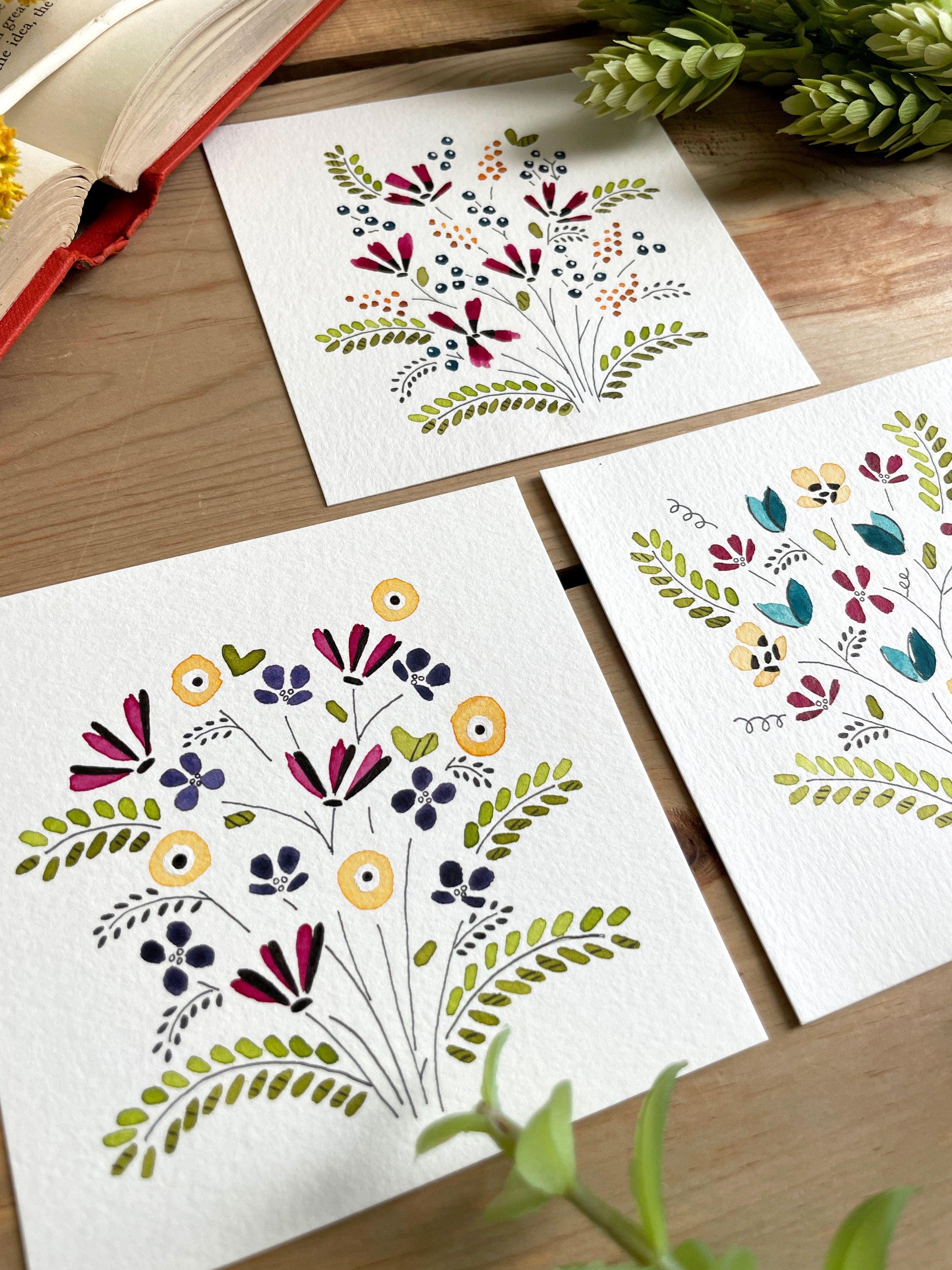 Set of 3 | Floral Watercolor Original 4x4 Paintings - Lilyvine Design